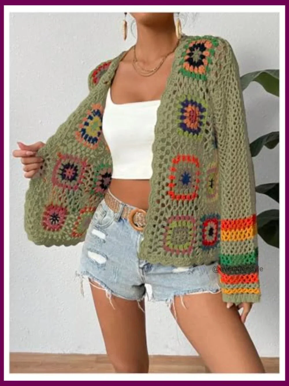 Floral Crochet Open Front Cardigan Hollow Out Long Sleeve Lightweight Sweater - Picture 4 of 6